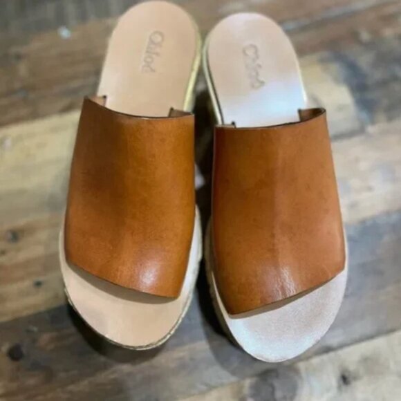 Chloe Camille Platform Wedge Mule Sandals – Brown Leather with Gold Detail - Picture 3 of 6